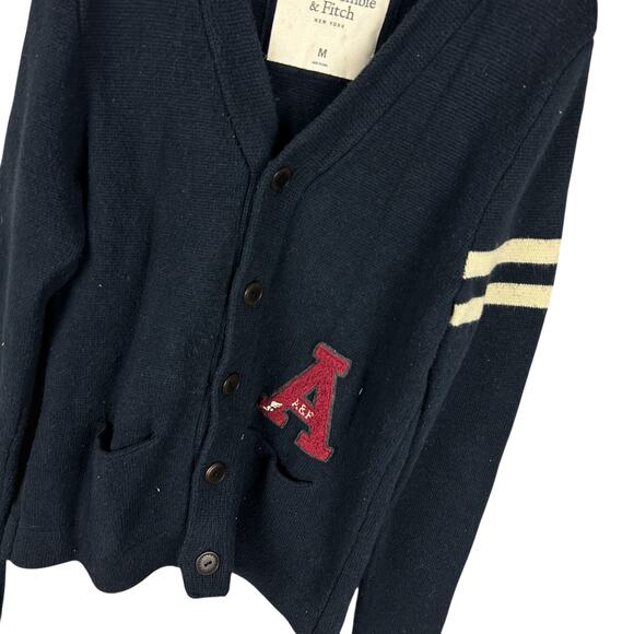 Abercrombie and Fitch Vintage Y2K Varsity Patch Fitted Navy Blue Rugby Cardigan - Picture 3 of 4